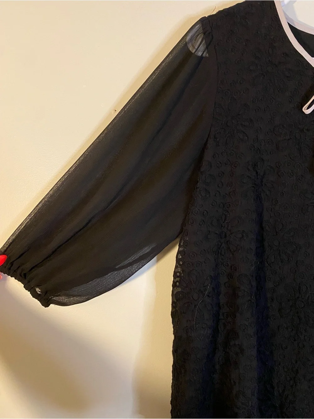 CeCe Black Floral Lace Blouse with Cream Neck Tie